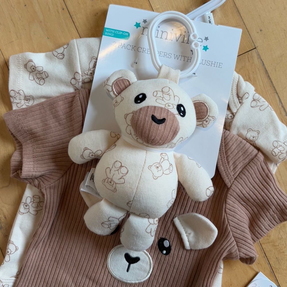 3 PCS Teddy Bear Onesies & Plush Bear with Clip-On Ring Size 3-6 Months